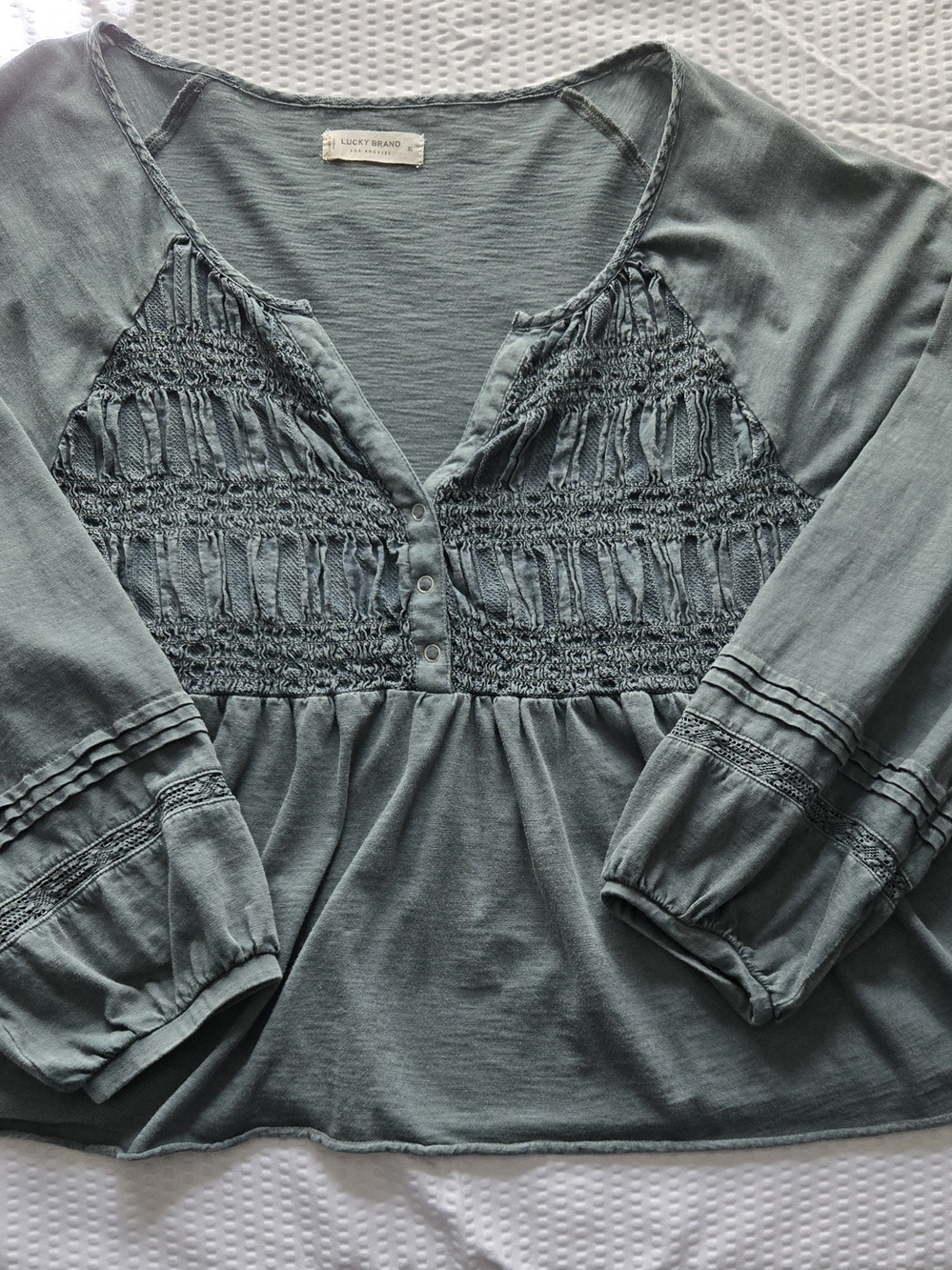 Lucky Brand Women's Blue - Green Smocked Peasant Top
